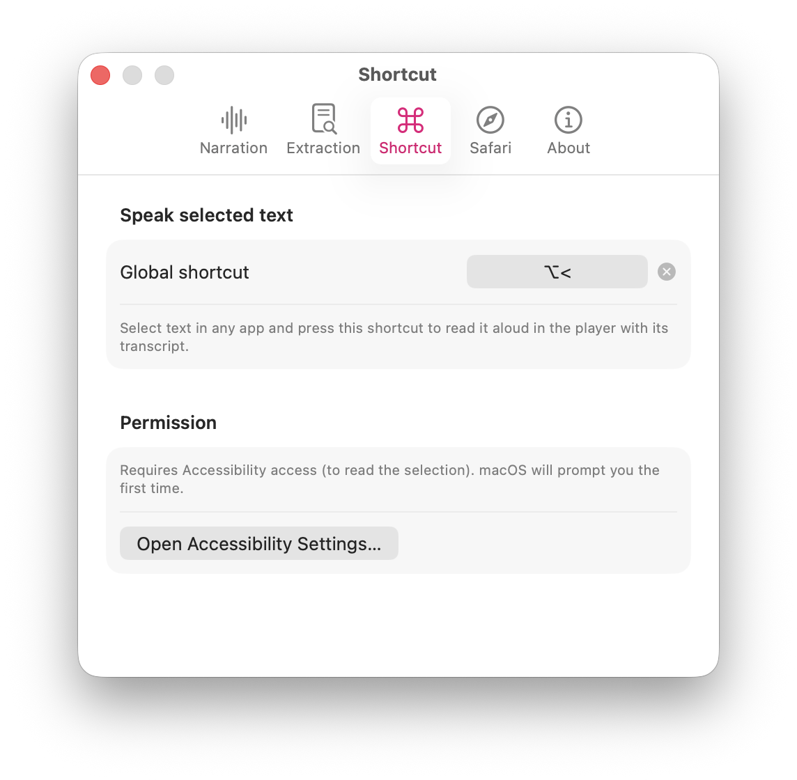 Play Text global shortcut settings